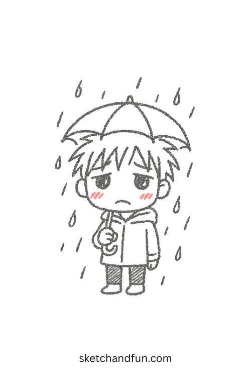 Cute chibi anime boy standing with an umbrella in rain, a beginner-friendly anime boy drawing idea.