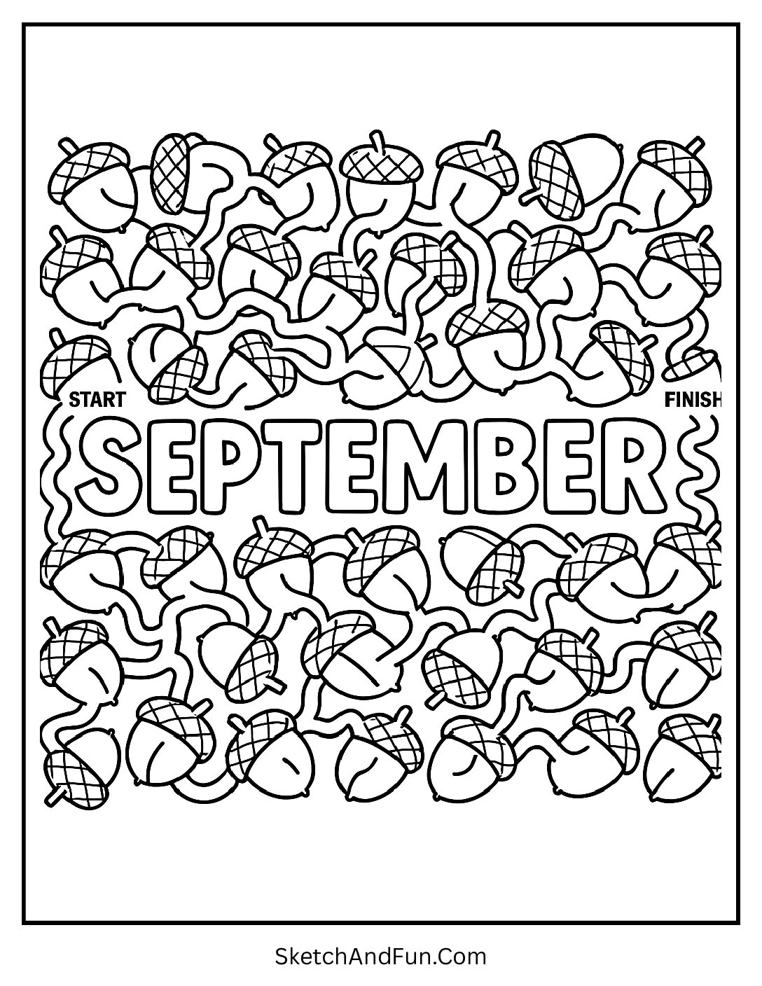 Acorn maze spelling “September” in the middle – September Coloring Worksheets