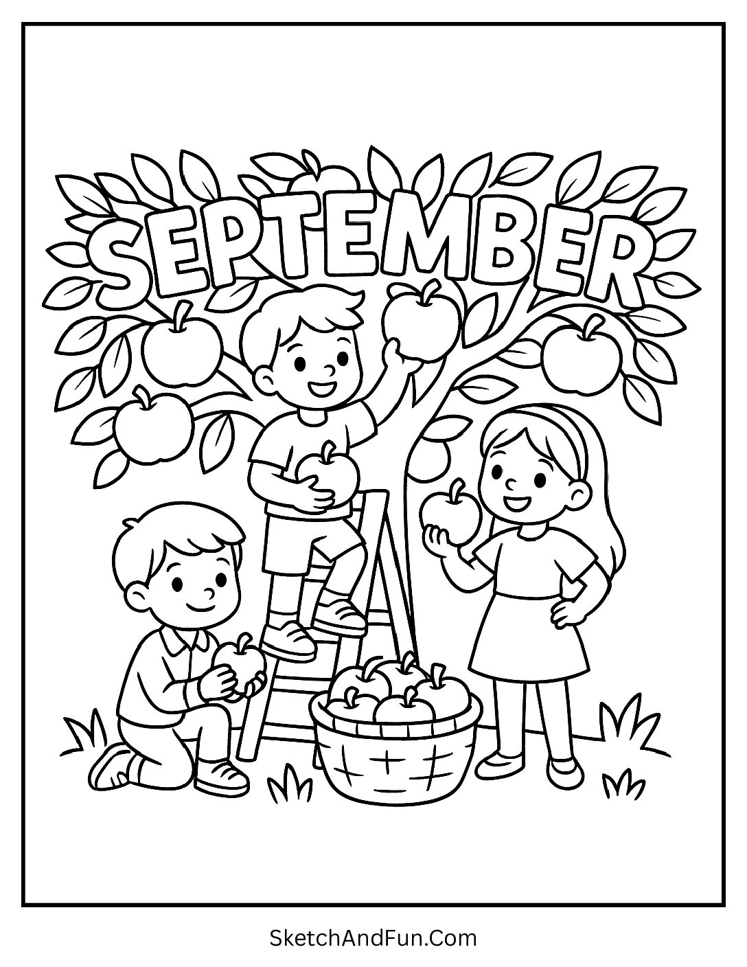 Kids picking apples under a tree marked “September” – Apple Picking Coloring Sheets