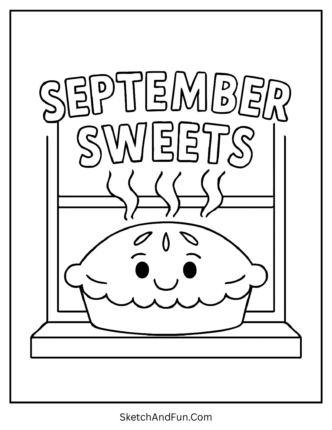 Pie on windowsill with “September Sweets” in steam – September-Themed Coloring Templates