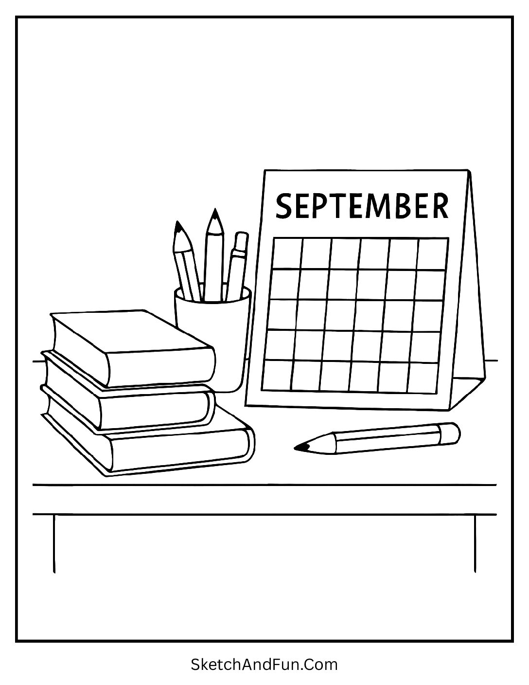 Desk with calendar showing “September” and school items – First Day of School Coloring Pages