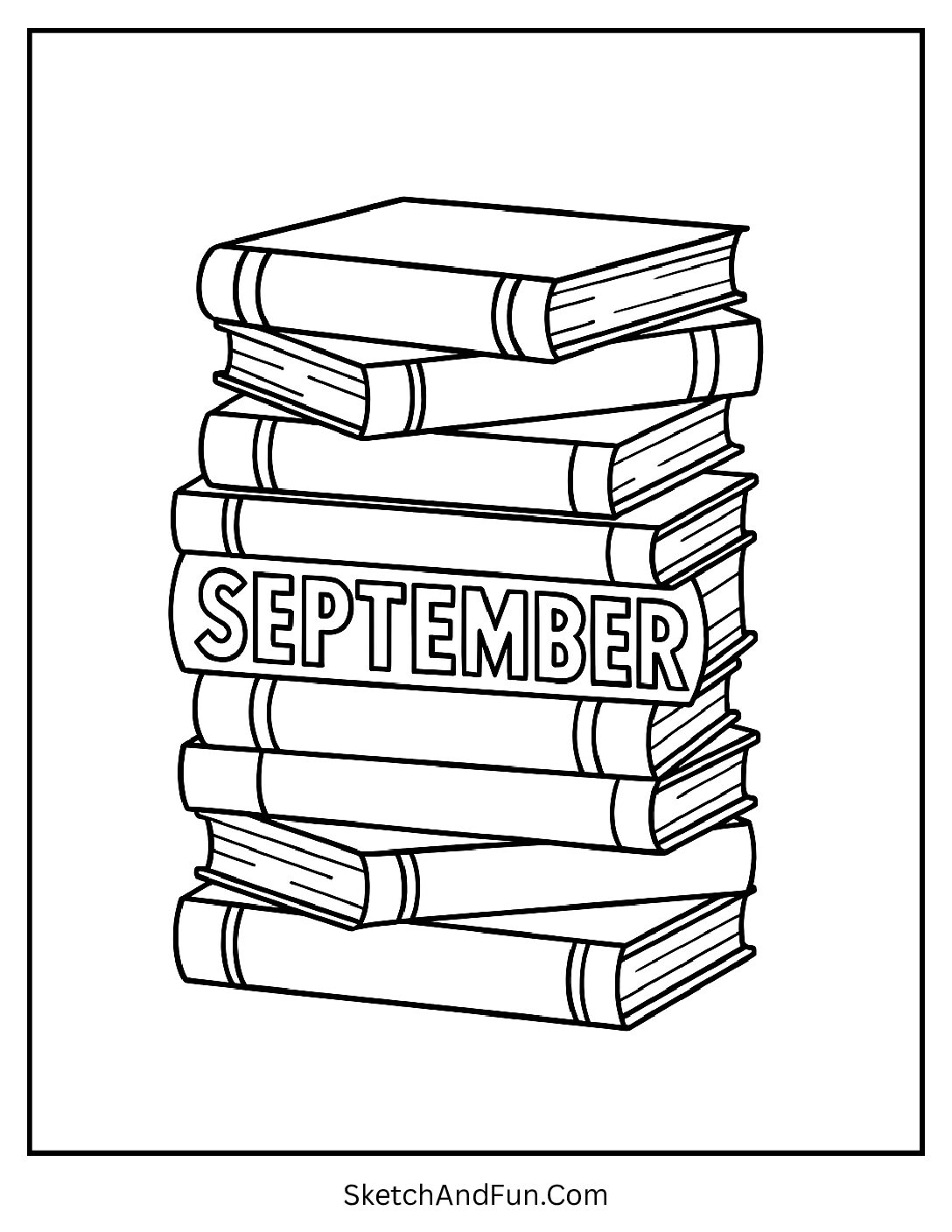 Tall stack of books with “September” on the spines – September Coloring Book Pages