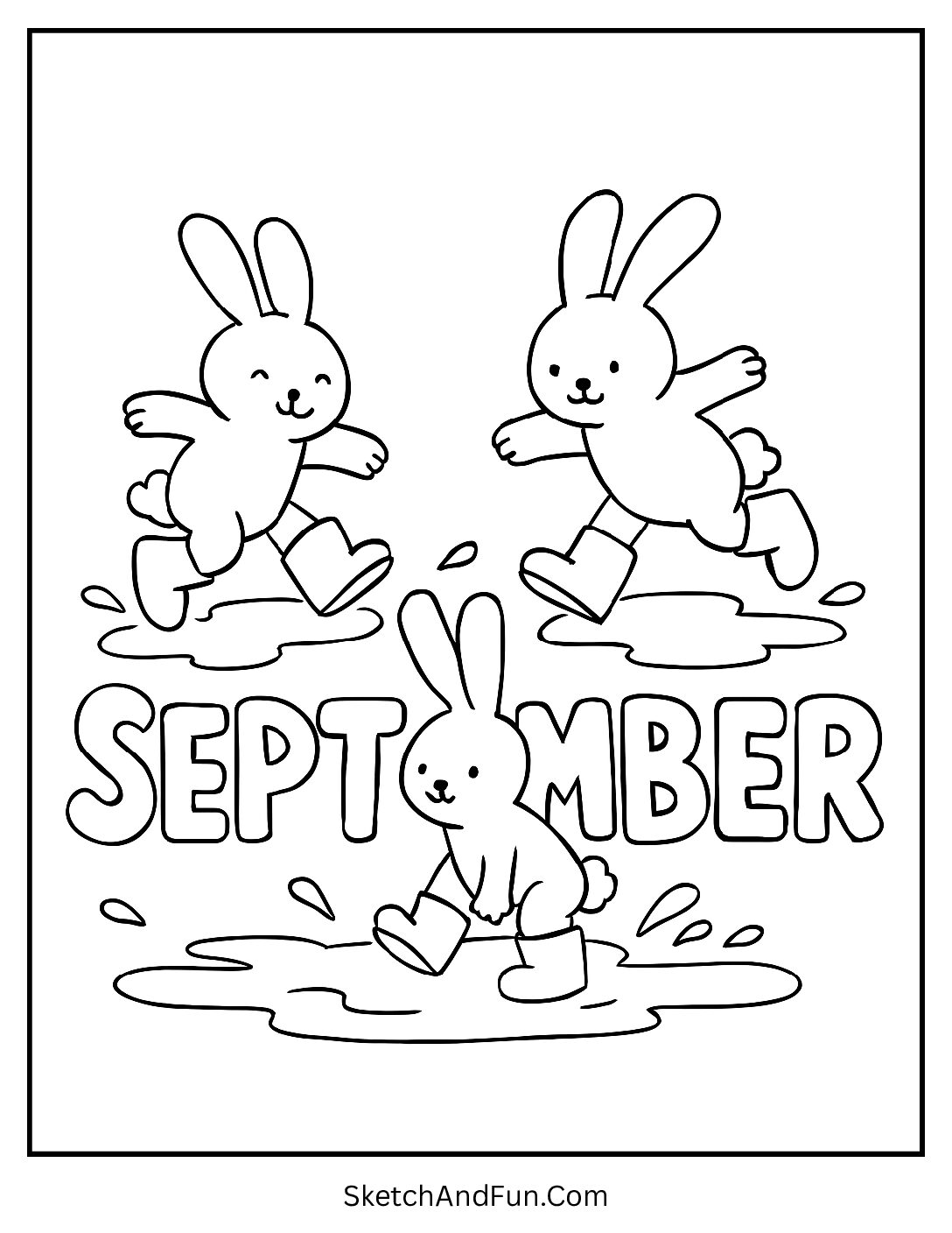 Bunnies hopping over puddles spelling “September” – September Crafts and Coloring