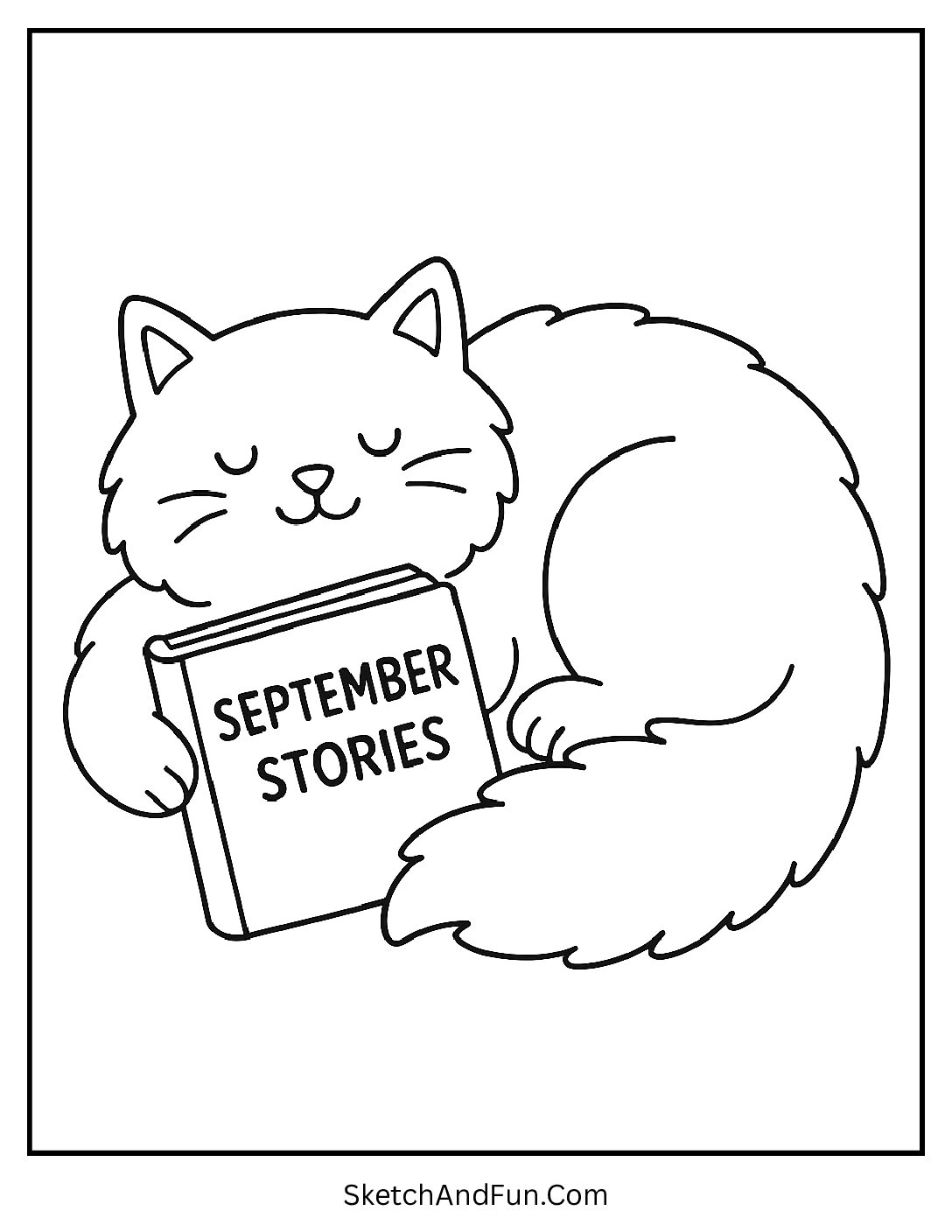 Fluffy cat napping beside “September Stories” book – September Storybook Coloring Pages