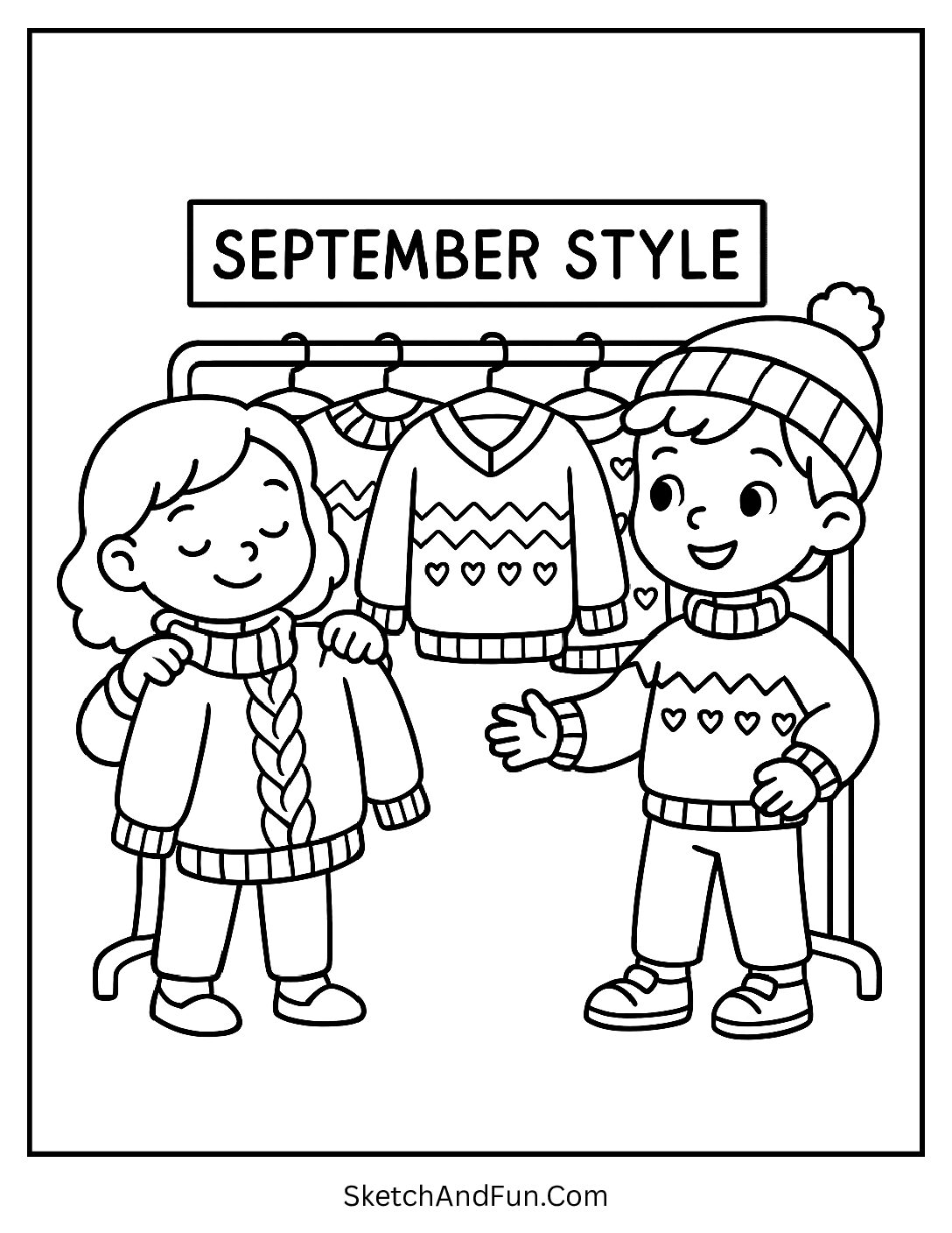 Kids trying on sweaters near “September Style” rack – September Activity Sheets for Kindergarten