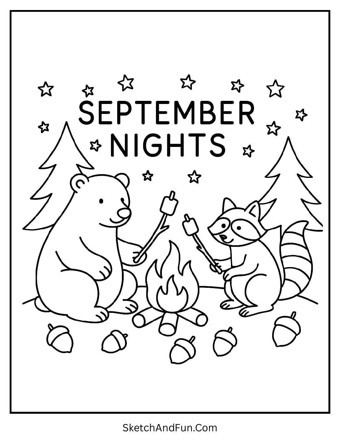Bear and raccoon roasting marshmallows under stars – September Nature Coloring Sheets