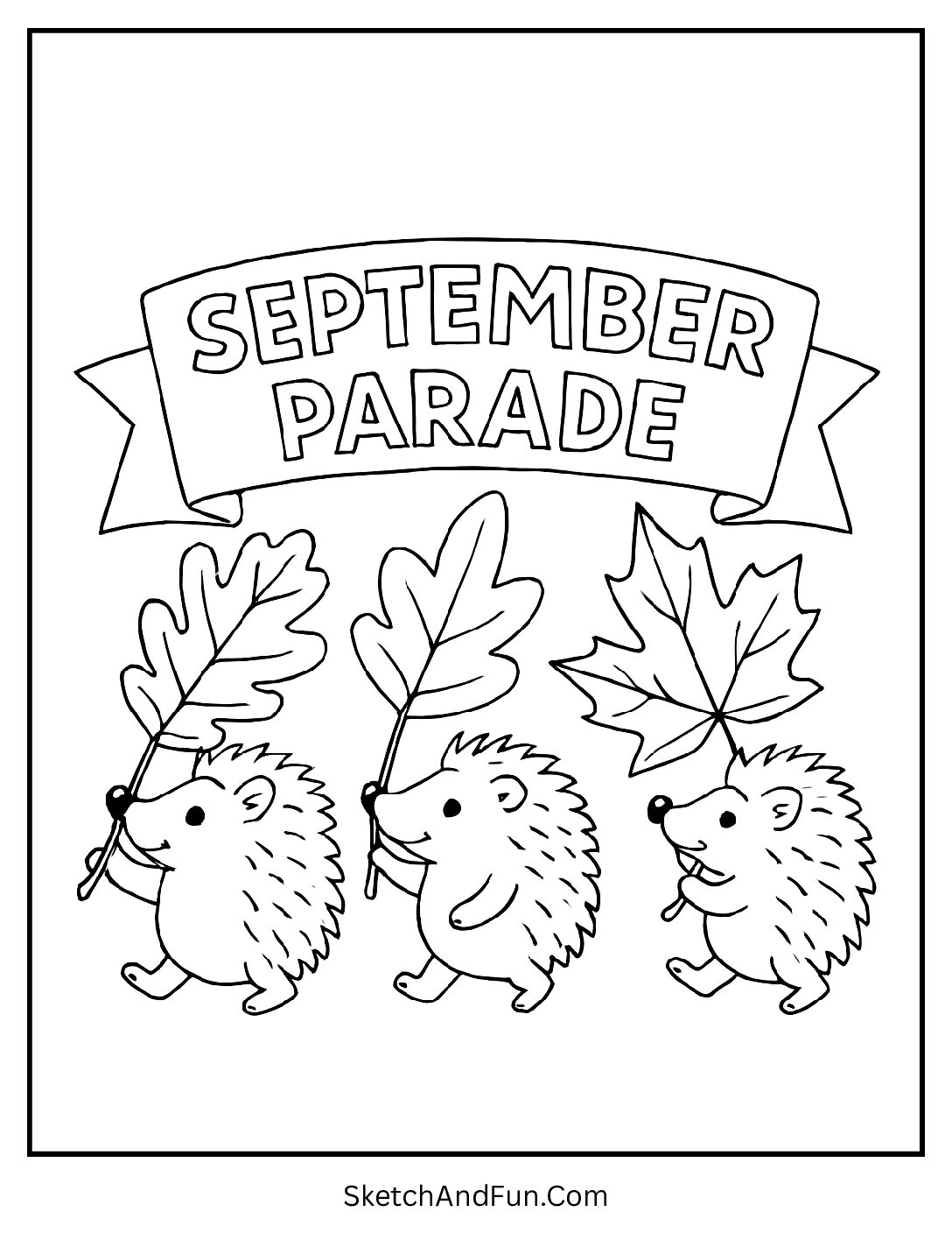 Hedgehogs carrying leaves under “September Parade” banner – Free Fall Coloring Printables