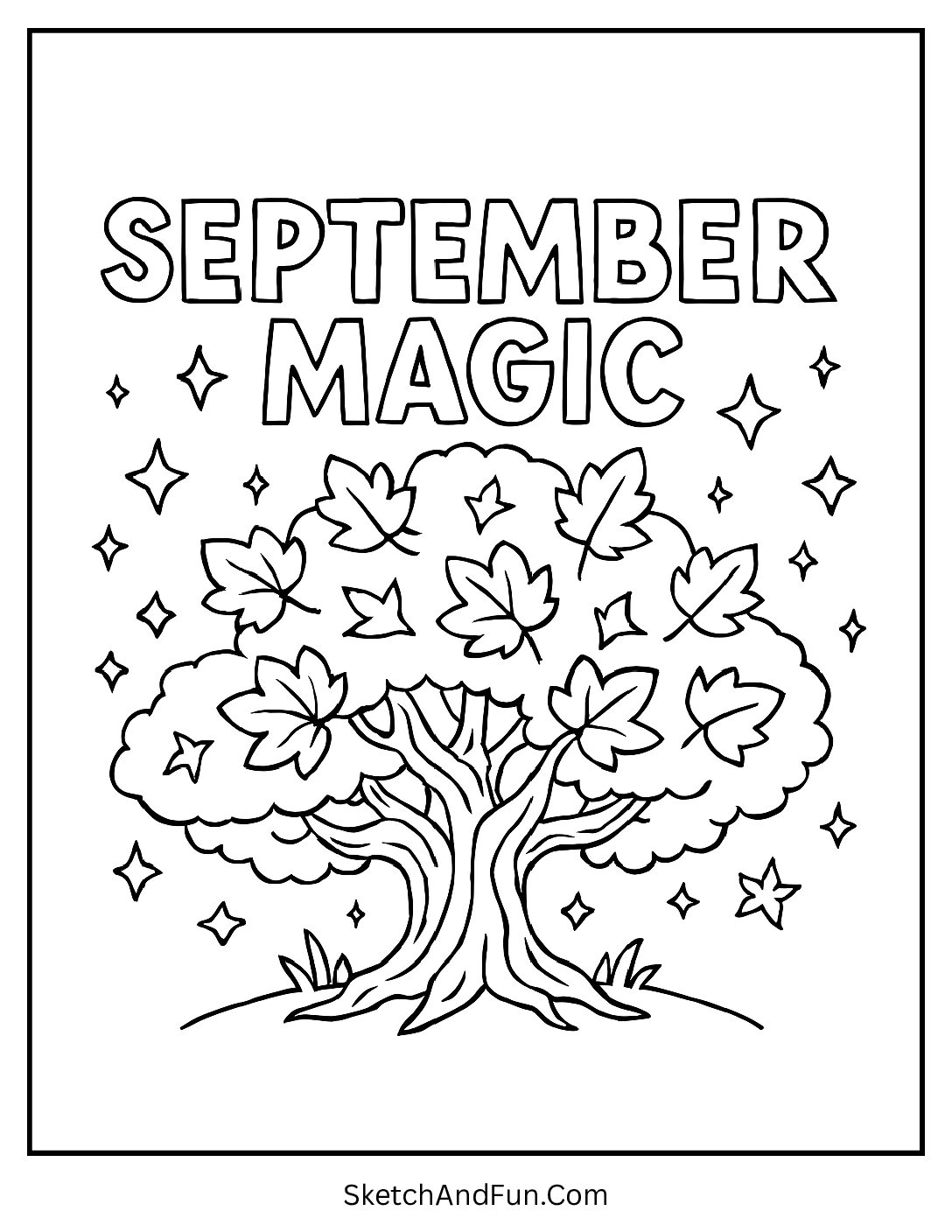Tree with glowing “September Magic” and colorful leaves – Autumn Coloring Sheets Printable