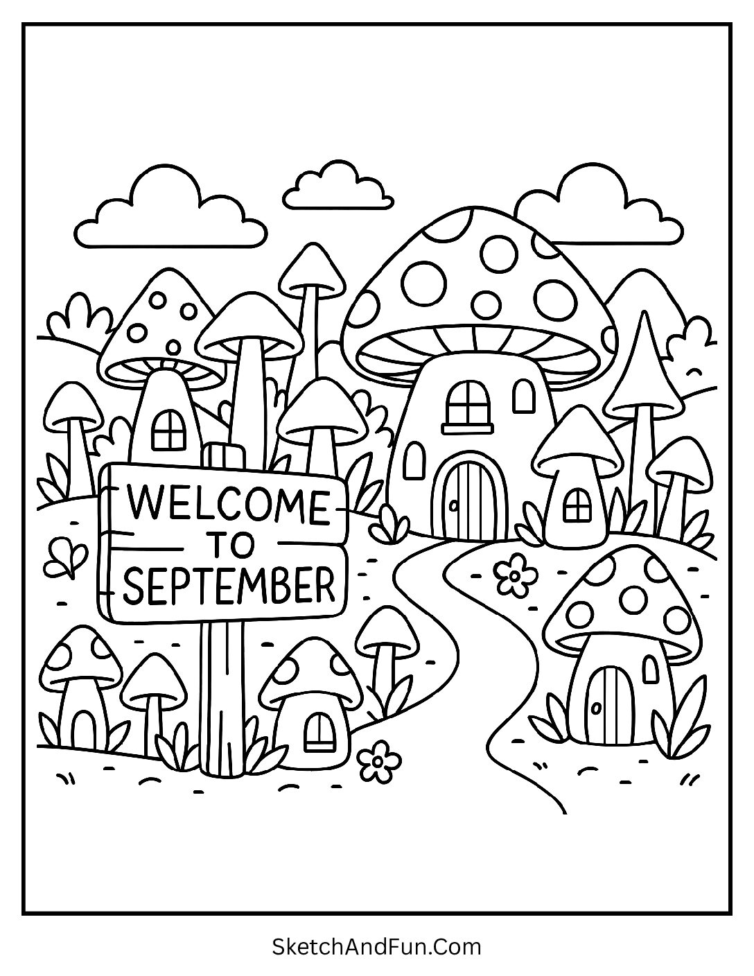 Mushroom village with “Welcome to September” sign – September Holiday Coloring Pages