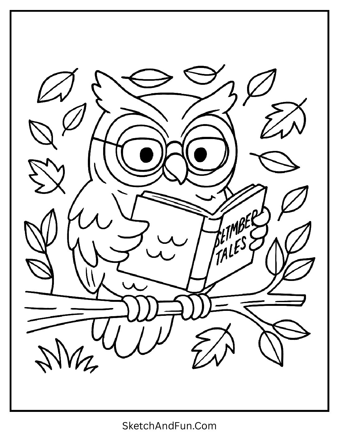 Owl reading “September Tales” on a tree branch – Autumn Art Activities for Kids
