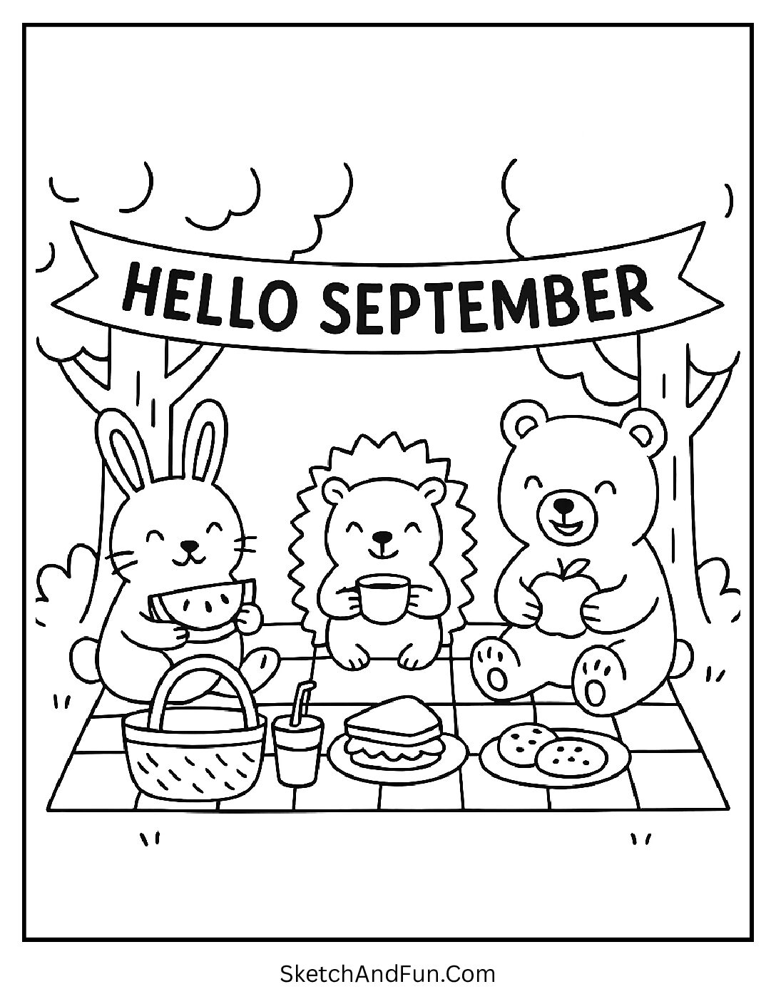Forest animals enjoying picnic under “Hello September” – September Nature Coloring Sheets