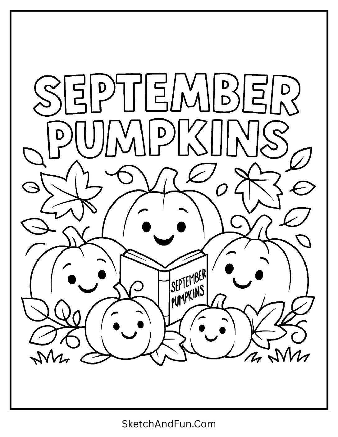 Smiling pumpkins in a patch under “September Pumpkins” – Pumpkin Coloring Pages for September
