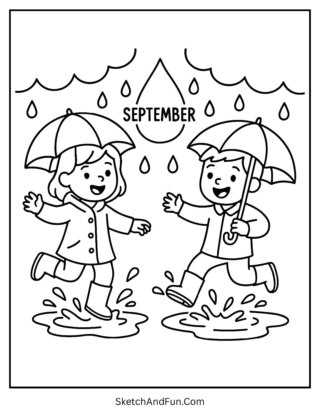 Kids jumping in puddles under umbrellas – Weather Coloring Pages for September