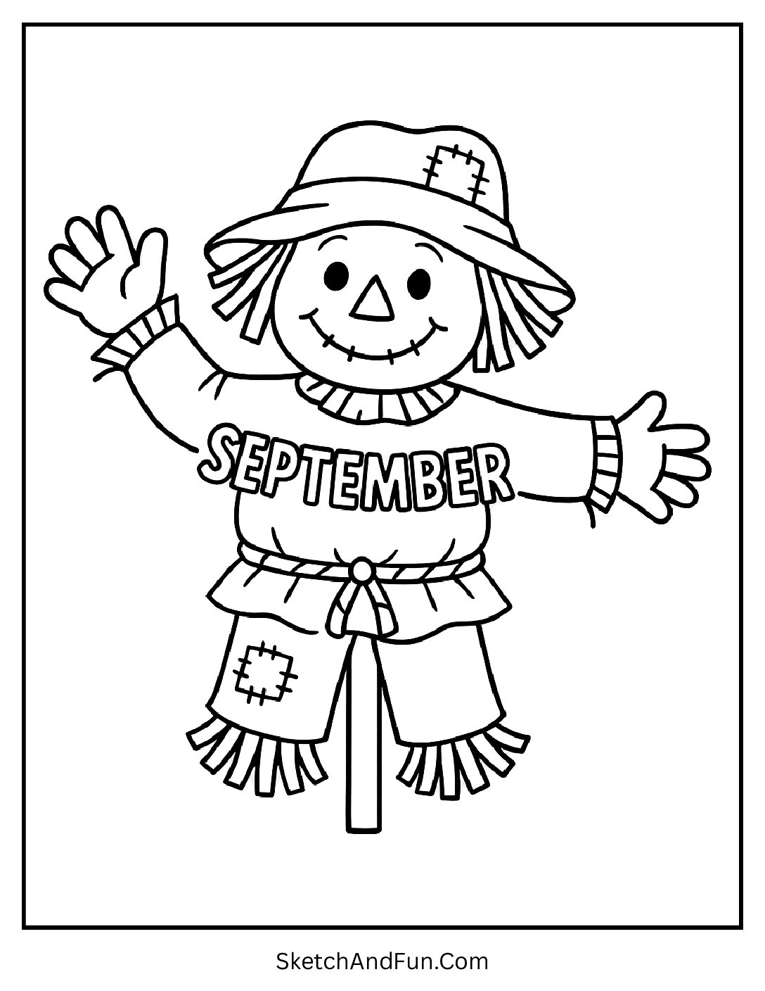 Friendly scarecrow with “September” stitched on shirt – Scarecrow Coloring Sheets for Kids