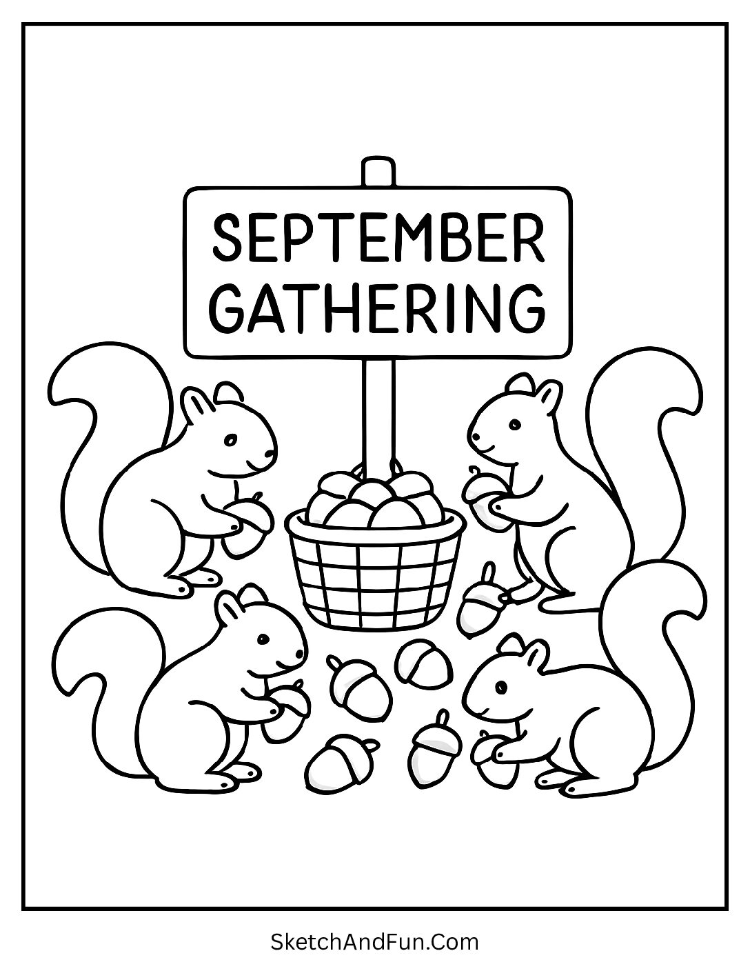 Squirrels gathering acorns at “September Gathering” sign – Acorn Coloring Pages Printable