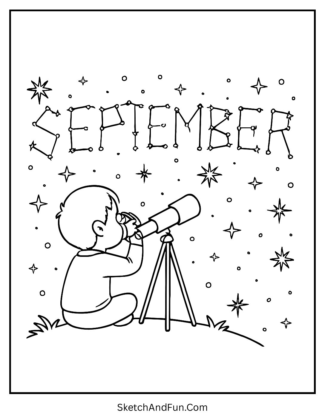Child watching constellations spelling “September” – September Printables for Children