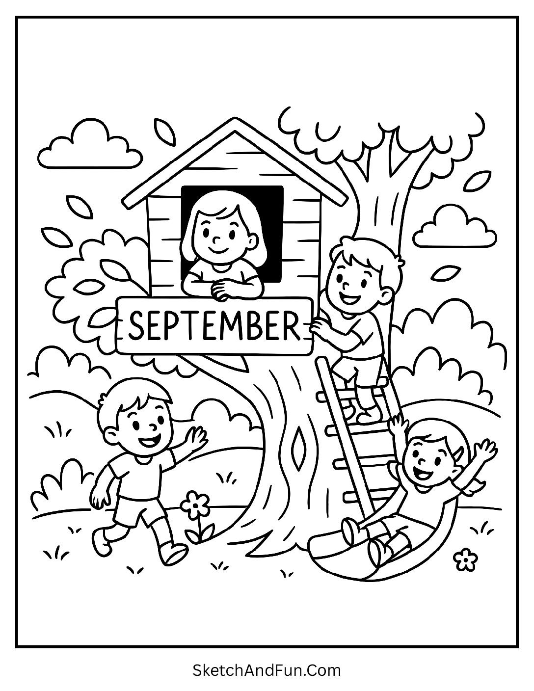 Kids playing in treehouse with “September” carved – Monthly Coloring Pages for Children