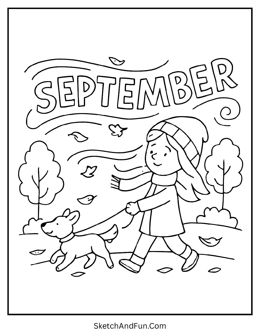 Girl and dog walking in park with swirling “September” – September Seasonal Coloring Fun