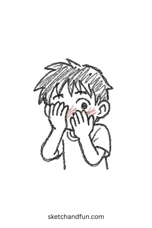 Chibi anime boy covering his face with blushing cheeks, a kawaii anime boy blushing face drawing idea.