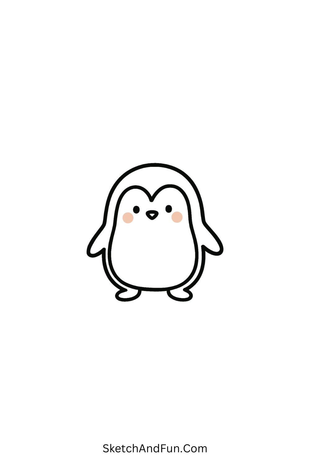 Cute cartoon doodle of a small penguin with blushy cheeks and oval body, easy kawaii art design.