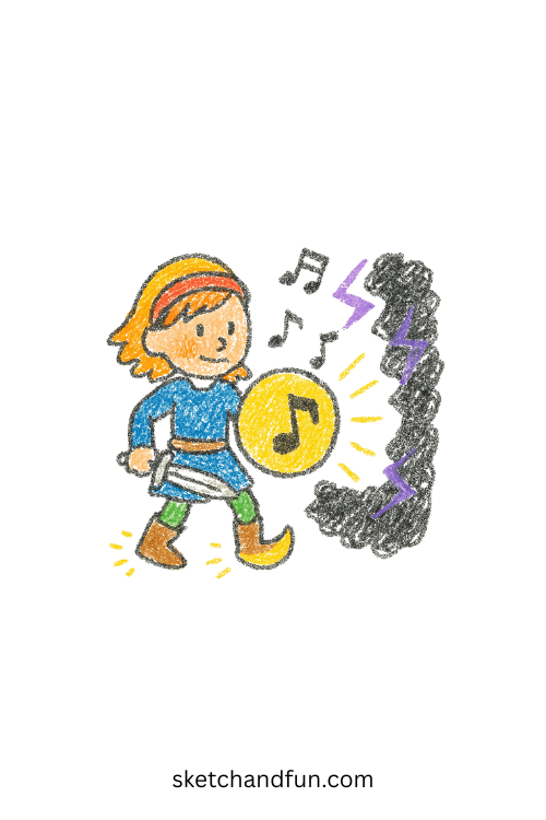 K-pop girl using musical shield to block dark energy โ strong idol sketch concept
