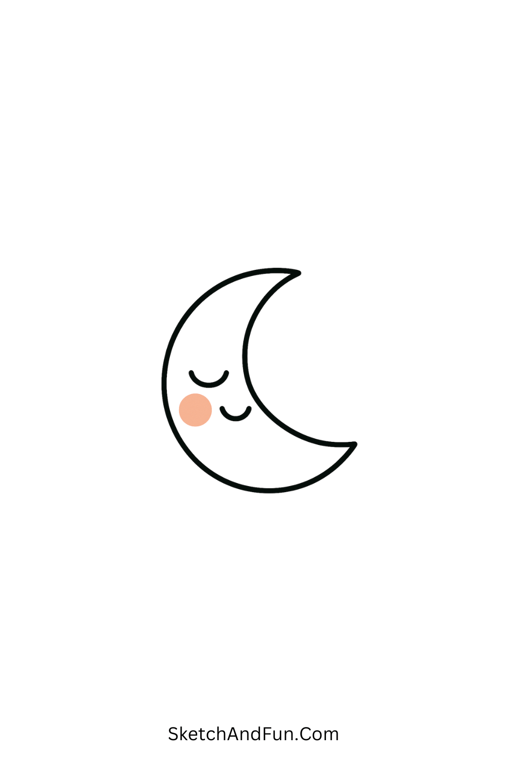Cute cartoon doodle of a crescent moon with closed eyes and blush, relaxing night sky kawaii drawing.