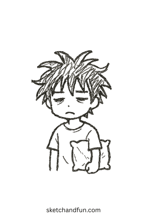 Chibi anime boy with messy bed hair hugging a pillow, a cute sleepy anime boy art sketch idea.