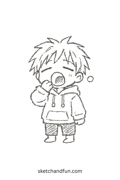 A sleepy chibi anime boy yawning in an oversized hoodie with messy hair, perfect for cute anime boy drawing inspiration.