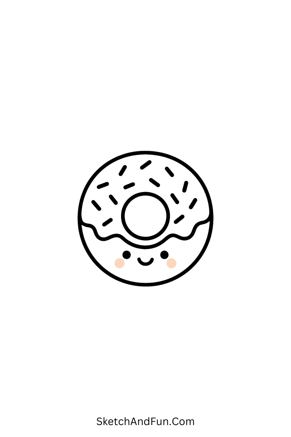 Cute kawaii doodle of a smiling donut topped with colorful sprinkles, minimal dessert cartoon art.