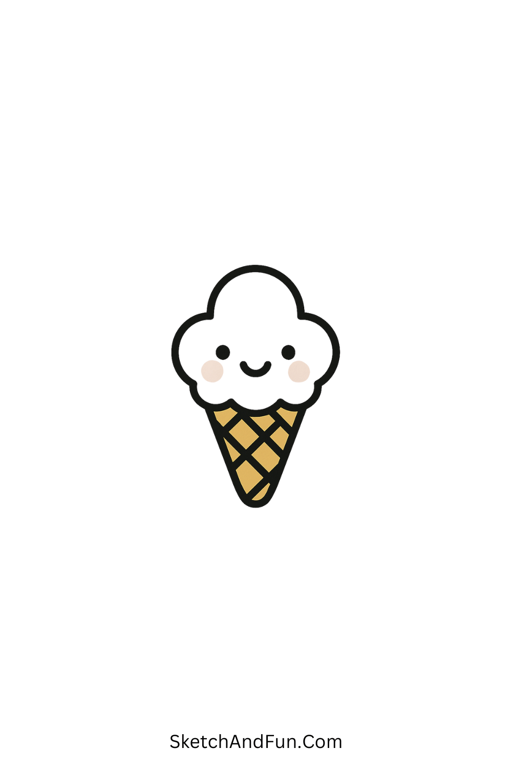 Simple cartoon doodle of a smiling ice cream cone with a kawaii face, fun dessert-themed doodle idea.
