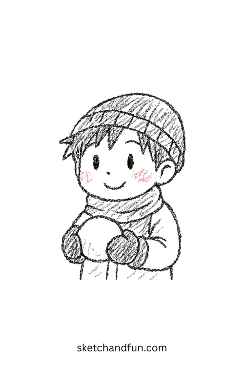 Chibi anime boy holding a snowball with rosy cheeks, ideal for anime boy cold weather drawing sketches.