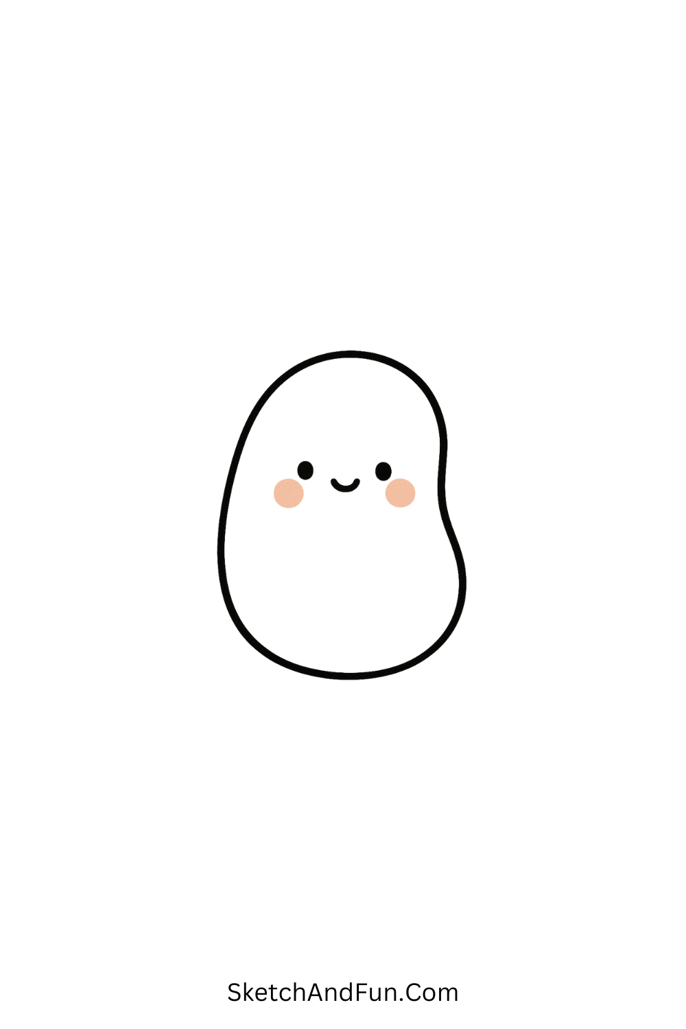 Cute kawaii doodle of a jelly bean with tiny eyes and pink blush, minimal cartoon candy drawing idea.