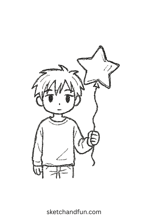 Chibi anime boy holding a glowing star-shaped balloon under night sky, ideal for anime boy fantasy vibe sketch.