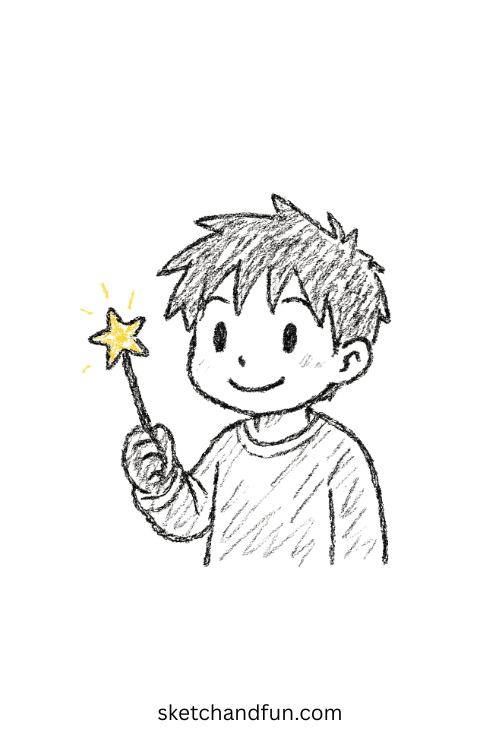 Chibi anime boy waving a star-tipped magic wand, perfect for anime boy with star wand sketch ideas.