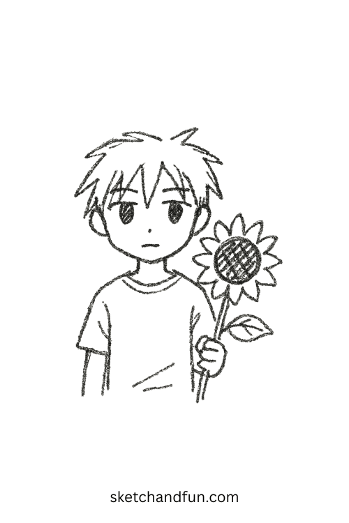 Chibi anime boy holding a tall sunflower with wide eyes, a great anime boy with plant drawing reference.