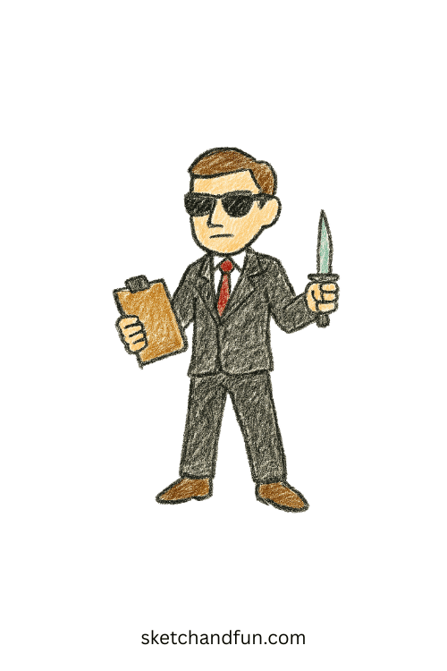 Cool K-pop manager in suit holding hidden blade and clipboard, anime-style action character