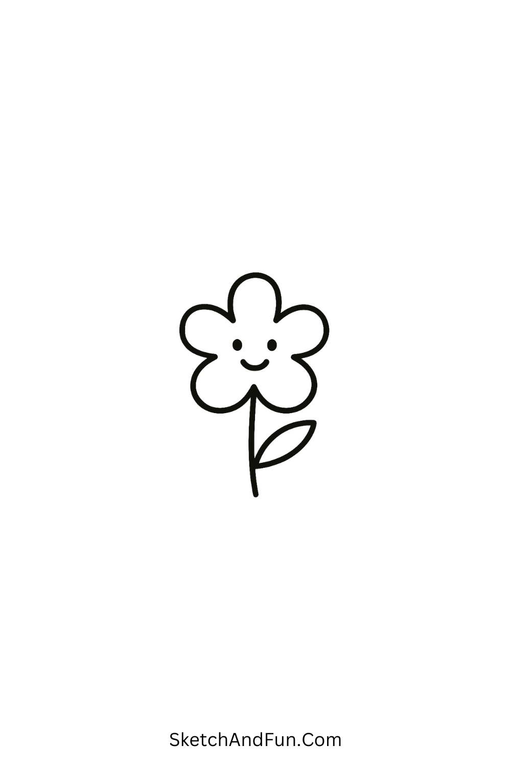 Minimal cute doodle of a five-petal flower with a smiling face, easy floral cartoon art for kids.
