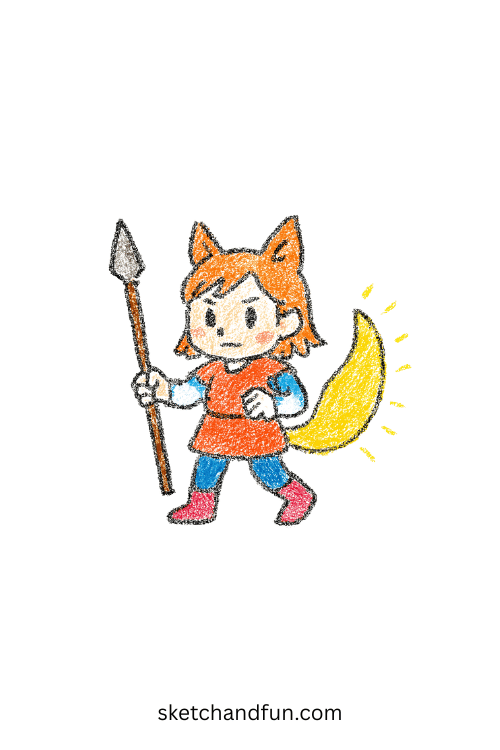 Fox-eared K-pop idol with glowing tail lighting the way โ cute magical hunter art style.