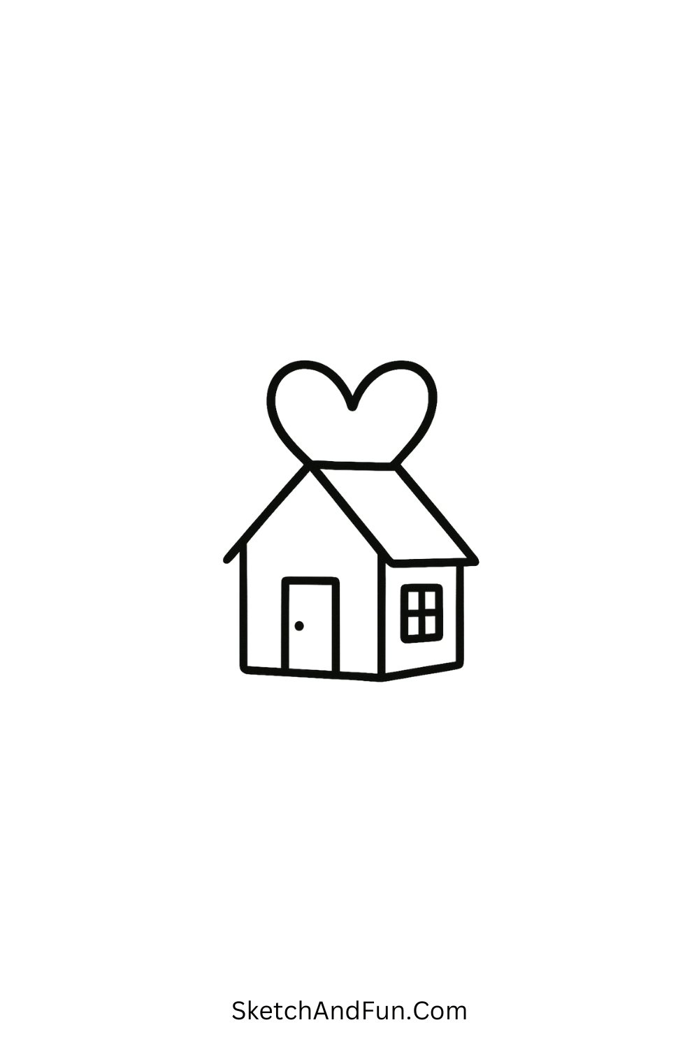 Cartoon doodle of a tiny house with a heart-shaped roof, cozy and cute kawaii drawing idea.