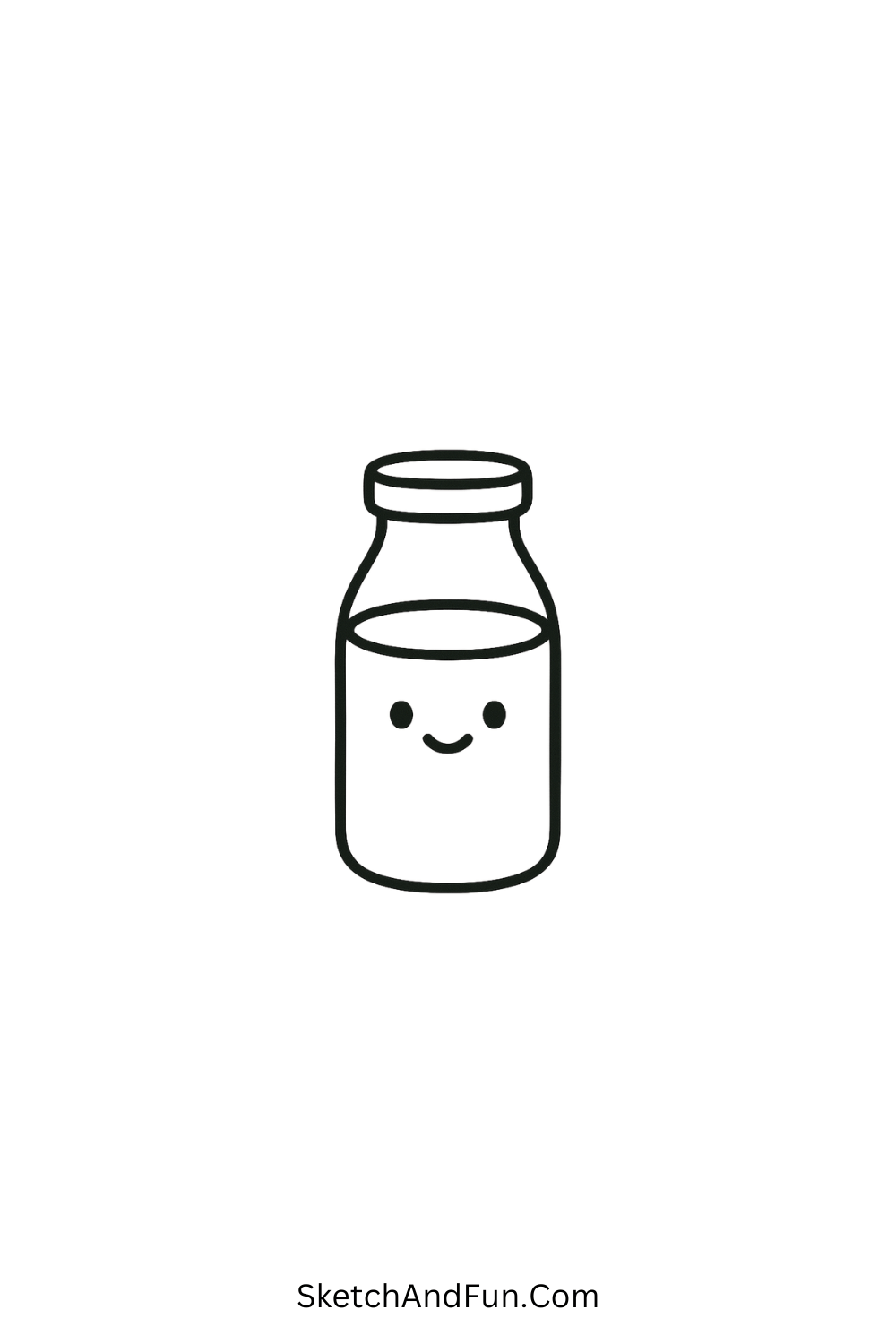 Simple cartoon doodle of a tiny milk bottle with a happy face, nostalgic kawaii design idea.