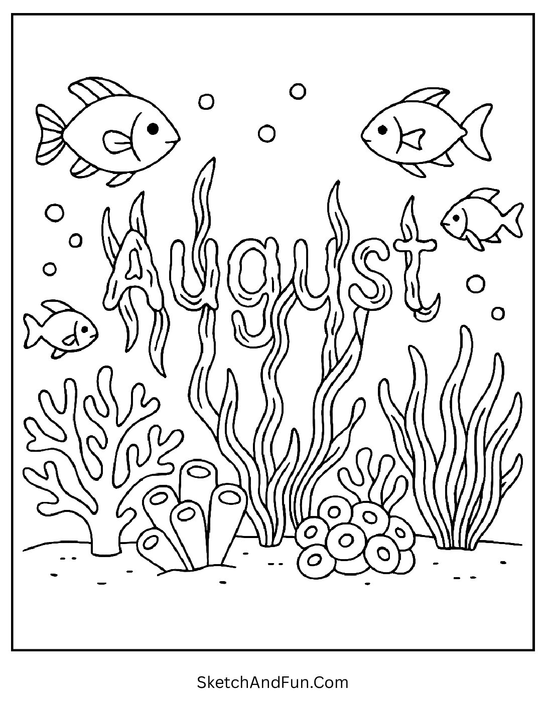 Underwater scene with fish and coral spelling 'August' β ocean-themed August coloring page for children
