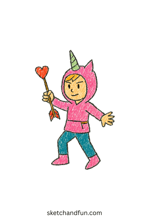 K-pop teen in unicorn hoodie firing heart-shaped arrows โ pastel anime hunter drawing.