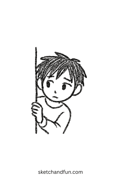 Chibi anime boy peeking shyly from behind a wall, a simple anime boy outline drawing concept.