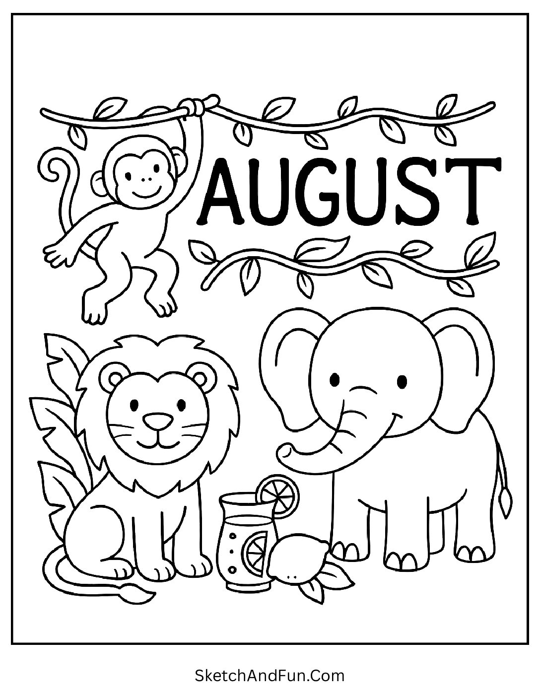 Lions, elephants, and jungle vines shaping 'August' β zoo animals August coloring activity for kids
