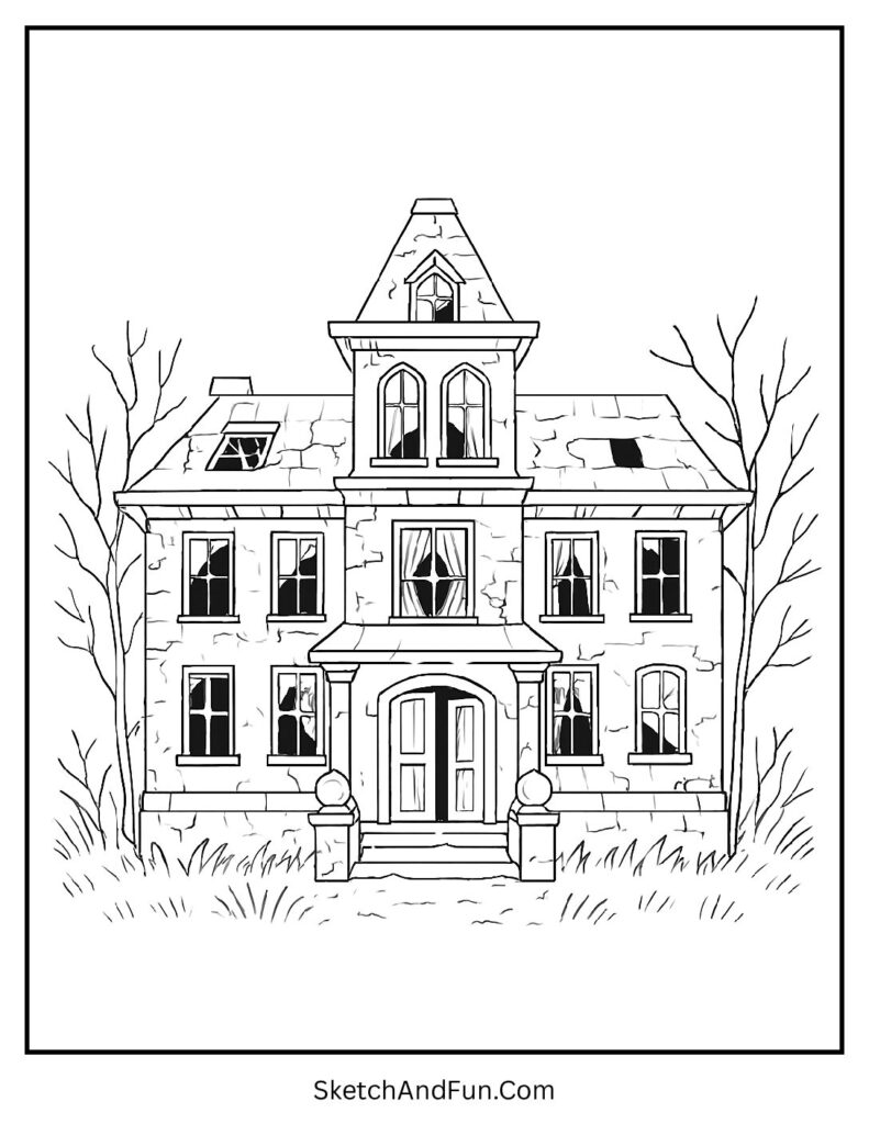 Broken walls in haunted house coloring pages black and white.