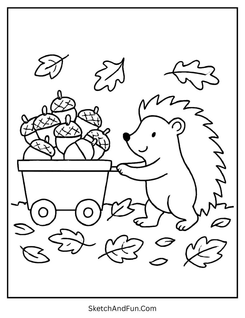 Fall coloring pages for preschool showing a hedgehog gathering acorns