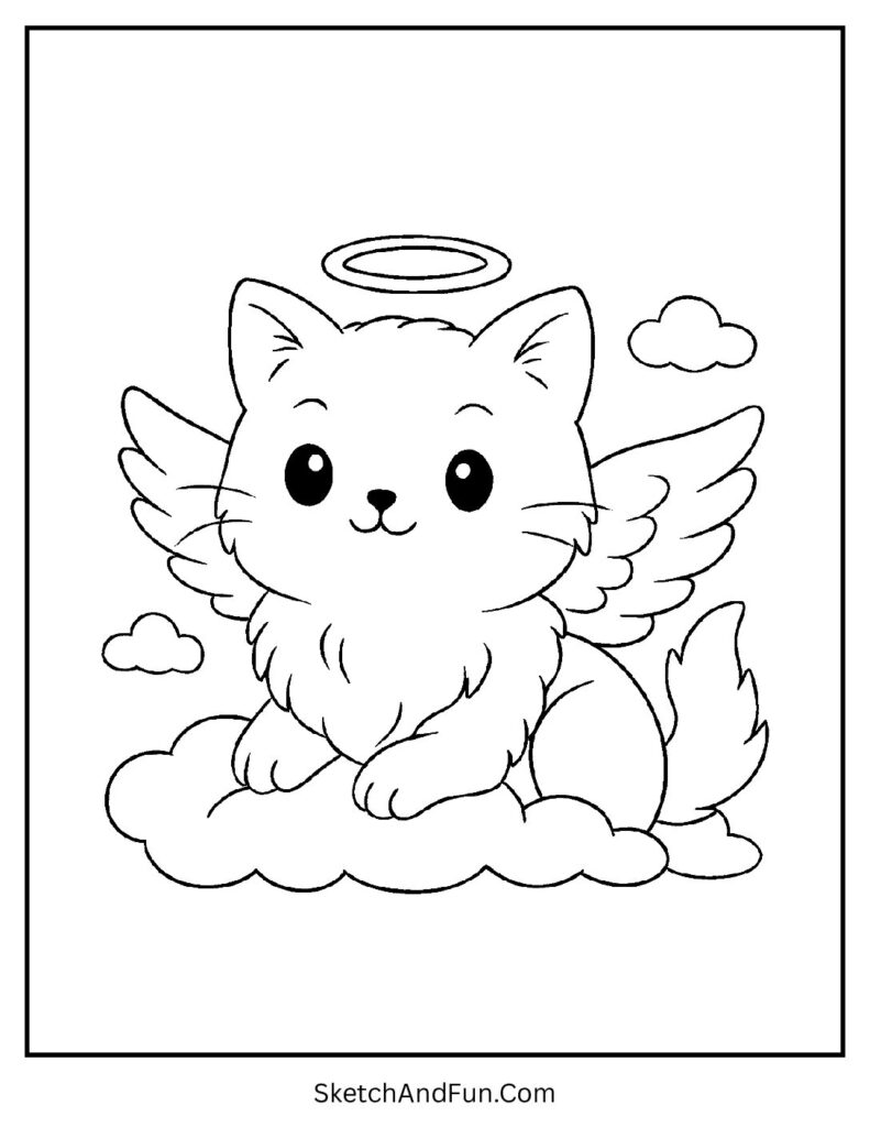 Sweet angel kitten on clouds with halo for dreamy thankful cat coloring pages for kids.