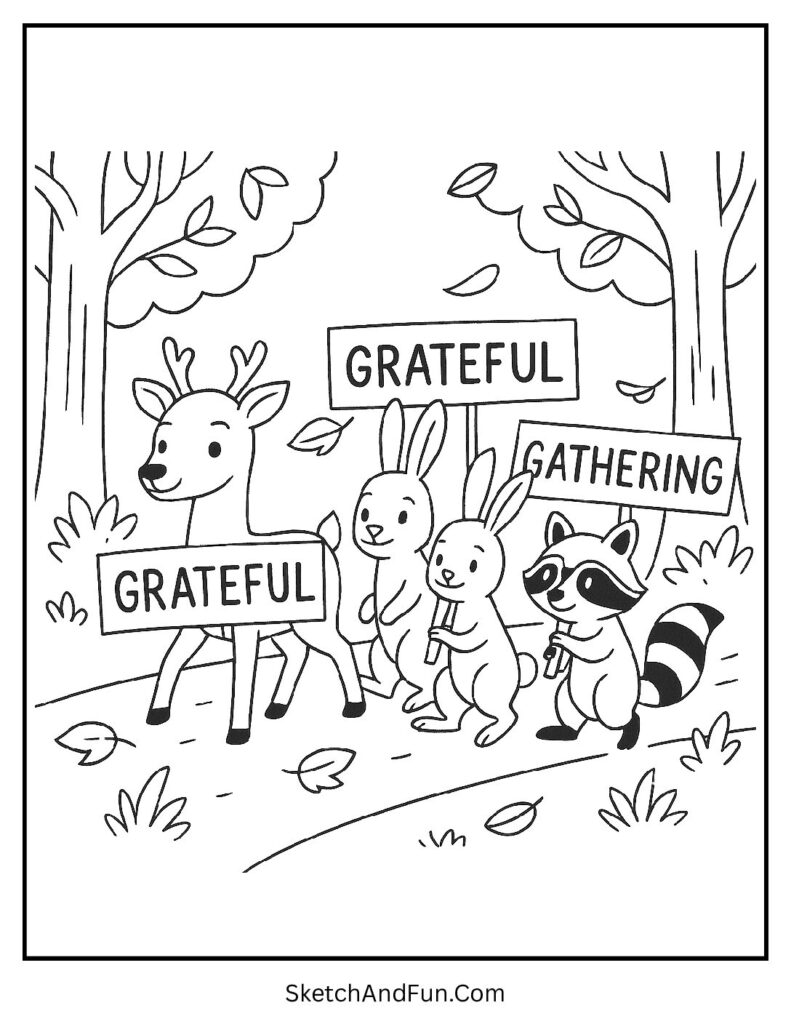Animals carrying signs for thanksgiving day coloring pages.