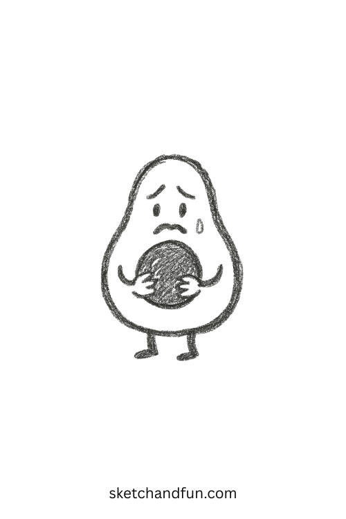 Nervous avocado holding its seed โ funny art idea for kids who love expressive food faces