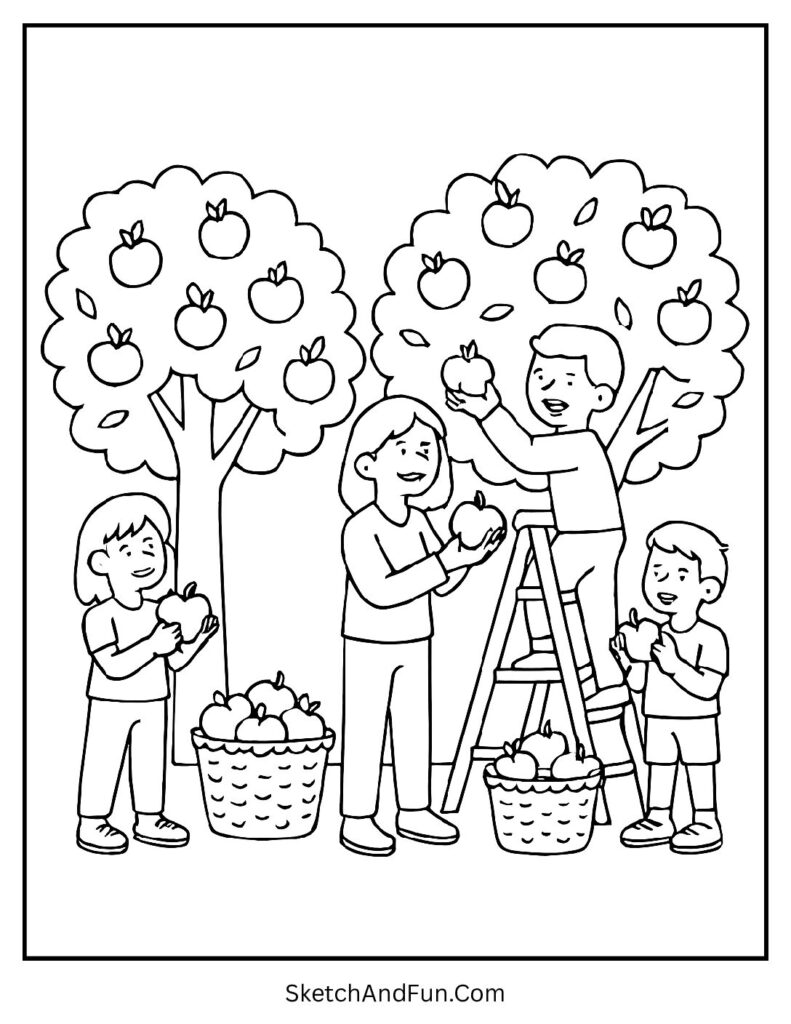 Apple picking coloring pages with baskets of apples in a bright fall orchard